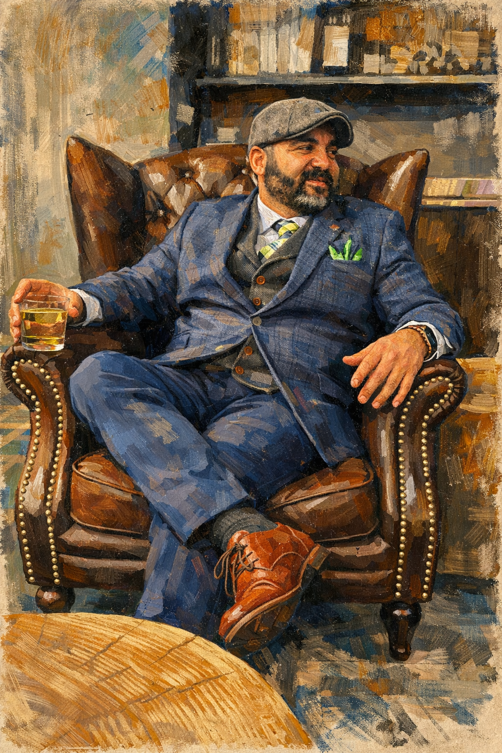 Artistic painted portrait of George D. Brown in a blue suit